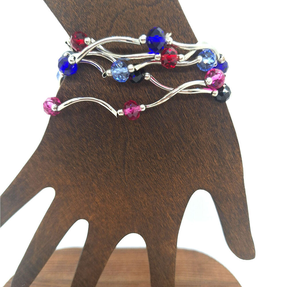 Lot of 5 Stretch Bracelets Assorted Color Beads Silver Tone Links
